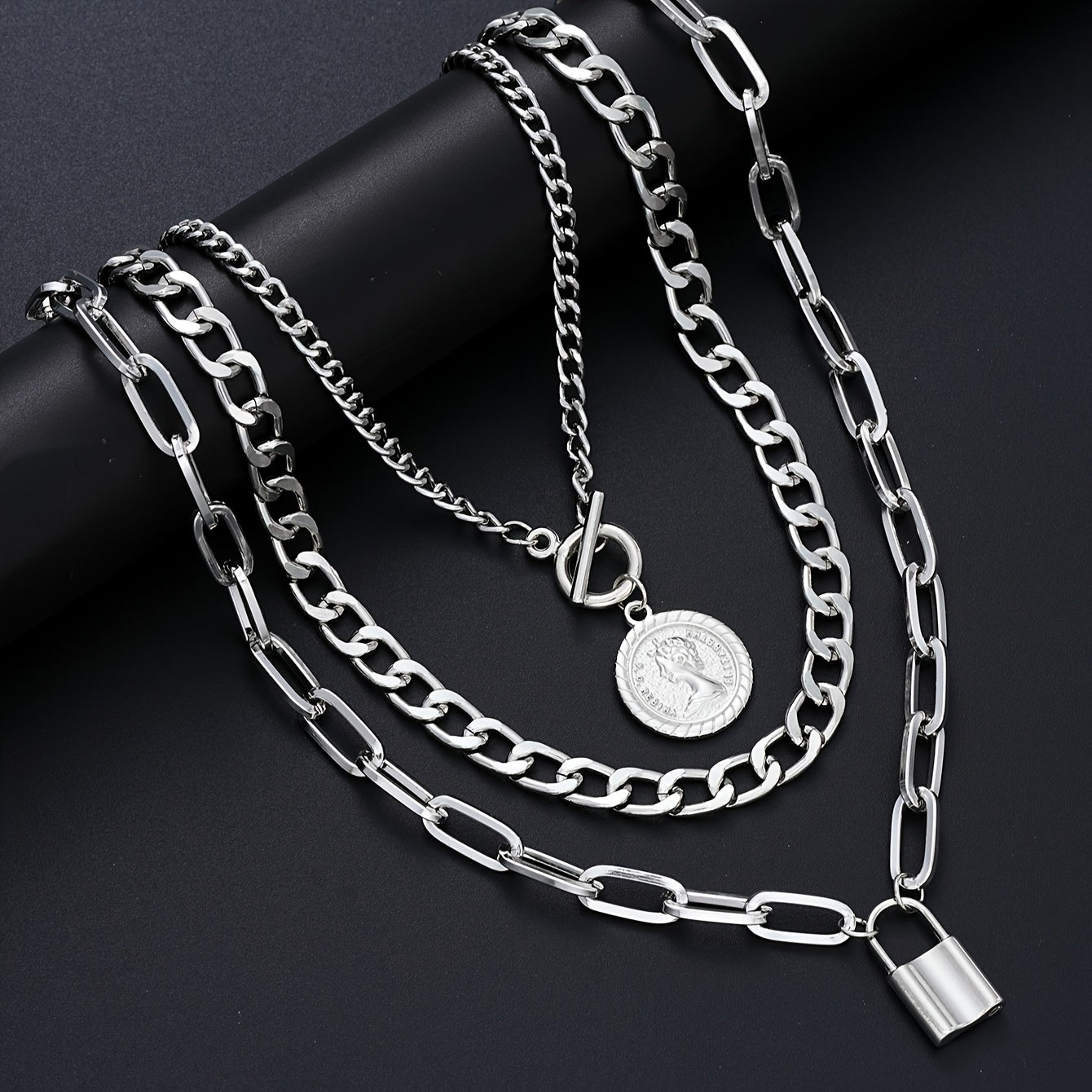 3pcs Retro Elegant Fashion Metal Round Head Lock Portrait OT Buckle Multi-layer Necklace Personalized Hip-hop Stacked Collarbone Chain Suitable for Women's Vacation Party Date Gift Daily Wear Halloween Valentine's Day New Yea